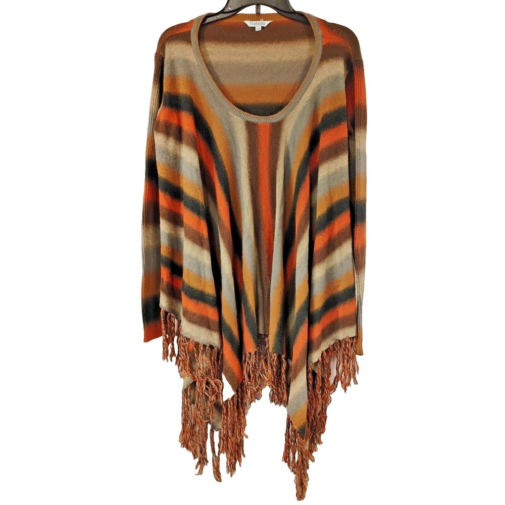 Vintage Womens Medium M Nostalgia Western Fringe‎ Poncho Pullover Sweater Shirt